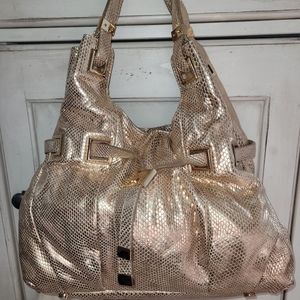 MMK Carey Gold Metallic Leather Snake-Embossed Slouchy Hobo Tote RARE Party Gift